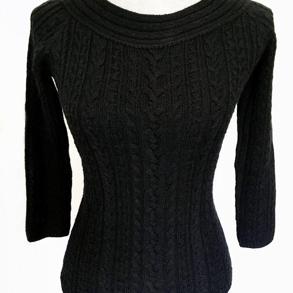 Ellen Tracy NWT Cable Knit Pullover Black Wool Designer Sweater Petite SM